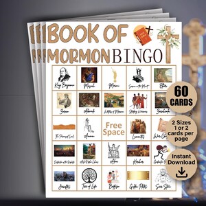 60 Bingokaarten Boek van Mormon, LDS-bingo, Boek van Mormon-spellen, Boek van Mormon-spel voor kinderen, LDS-kerkspellen, Schriftstudie voor kinderen