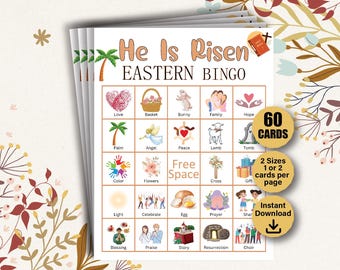60 christliche Vorschul-Ostern-Bingokarten, Bibelspiele, Auferstehungs-Bingo, Osterbibelspiel für Kinder, Sonntagsschulaktivitäten, Er ist auferstanden