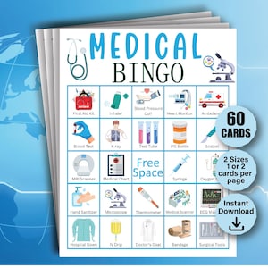 60 medizinische Bingokarten, Doktor-Ruhestandsspiel, Krankenschwester-Bingospiele, Doktor-Bingospiel, Krankenschwester-Abschlussfeierspiel, Doktor-Spaßspiele