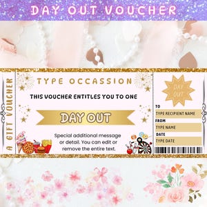 May include: A gold-bordered gift voucher with the text "DAY OUT VOUCHER" at the top. The voucher includes fields for recipient and date, and features illustrations of food and amusement park elements.