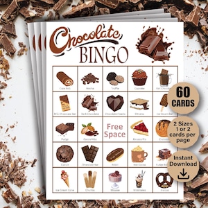60 cartelle del Bingo del Cioccolato, gioco di dolciumi per feste, fontana di cioccolato per compleanni, Bingo dei dolci, attività del bingo a tema del Giorno del Cioccolato