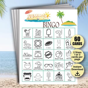Tarjetas de bingo de verano, juego de verano, juego de fiesta de cumpleaños de verano, actividad de bingo de vacaciones de verano para niños, bingo de viajes de verano, juegos de verano