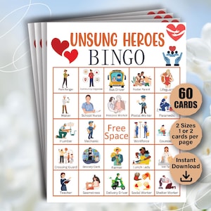 60 ungesungene Helden Bingo Karte, Superhelden Bingo Spiele, ungesungene Helden Party Aktivität, Superhelden Geburtstagsparty, Schul Bingo Aktivität