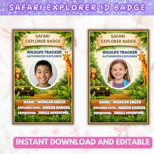 Könnte beinhalten: Zwei Safari Explorer ID-Karten mit Dschungel-Thema. Jede Karte zeigt ein Foto, den Text "Wildlife Tracker Authorized Explorer" und den Namen "Morgan Smith". Die Karten enthalten Illustrationen von Jeep, Giraffe und Affe.