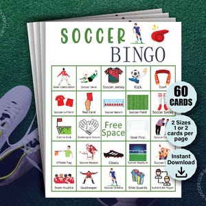60 voetbalbingokaarten, voetbalspel, voetbalfeestspellen, voetbalbingospel voor kinderen, afdrukbaar bingospel voor kinderen, kindervoetbalfeestactiviteit