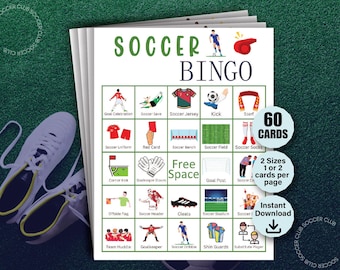 サッカービンゴカード60枚、サッカーゲーム、サッカーパーティーゲーム、子供向けサッカービンゴゲーム、子供向け印刷可能ビンゴゲーム、子供向けサッカーパーティーアクティビティ