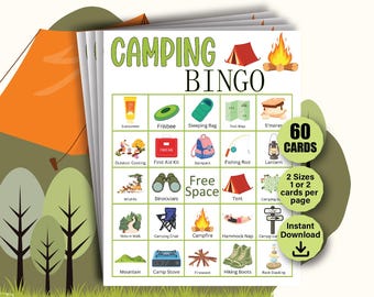 60 Camping Bingo Cards, Camping Game, Camping Party Game, Forest Nature Bingo, Campground Activities for Kid, Summer Camp Bingo Game for Kid