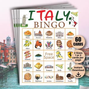 May include: A printable Italy Bingo card game with 60 cards. The card features images of Italian landmarks, food, and culture, such as the Colosseum, pizza, and a Vespa scooter.