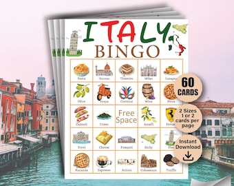 60 Italy Travel Bingo Cards, Italy Trip Vacation Game, Italy Themed Bingo, Italian Bingo, Europe Travel Activity, Italy Party Activities