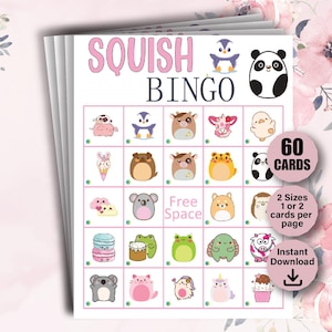 60 cartelas de bingo Squish, festa Squish Mallow, festa de aniversário Squish, atividade para festa Squish, jogos de bingo com pelúcias macias, bingo de pelúcia infantil