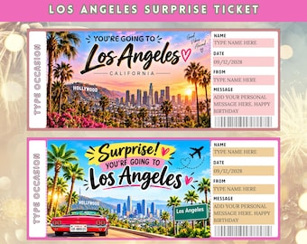 Los Angeles Surprise Trip Ticket, Editable Canva Template, Printable Vacation Reveal, Travel Gift for Him Her,Custom LA Getaway Announcement
