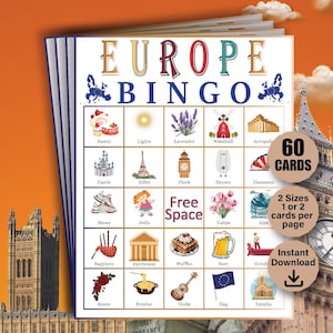 60 Cartões de Bingo de Viagem pela Europa, Bingo de Viagem pela Europa, Atividade para Festa de Viagem pela Europa, Jogo de Festa Temático para a Europa, Atividade de Férias pela Europa