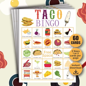 60 cartelas de bingo de tacos, bingo de Cinco de Mayo, bingo de festa, jogos de festa de festa, atividade de taco para crianças, jogo de festa de taco para crianças, bingo de terça-feira de tacos