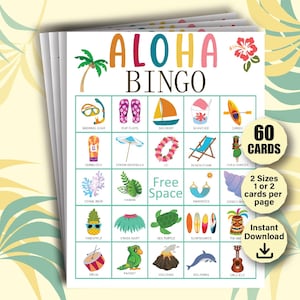 60 tarjetas de bingo Aloha, bingo Luau, bingo hawaiano, fiesta de cumpleaños Luau, juegos de cumpleaños tropicales, juego de fiesta Luau, actividades para fiestas hawaianas