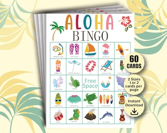 60 Aloha Bingo Cards, Luau Bingo, Hawaiian Bingo, Luau Birthday Party, Tropical Birthday Games, Luau Party Game, Hawaiian Party Activities