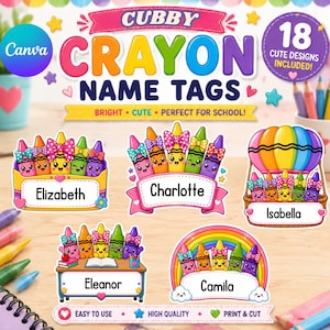 Può includere: Un set di etichette nominative a tema pastelli colorati con personaggi dei cartoni animati con fiocchi, inclusi disegni con scrivania, mongolfiera e arcobaleno. Il testo recita CUBBY CRAYON NAME TAGS, 18 CUTE DESIGNS INCLUDED e nomi come Elizabeth, Charlotte, Isabella, Eleanor e Camila.