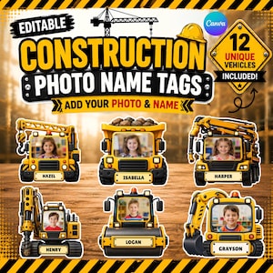 Può includere: Etichette nominative modificabili a tema cantiere con 12 veicoli unici. Il design include strisce di pericolo gialle e nere, un'icona di gru e un casco giallo. Ogni veicolo mostra la foto di un bambino e un'etichetta con il nome.