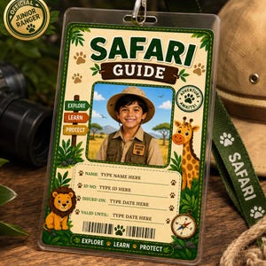 May include: A rectangular Safari Guide identification badge in a clear plastic holder with a green lanyard. The card features a photo of a child in a safari hat, a cartoon lion, a giraffe, a compass, and text including Explore, Learn, Protect.