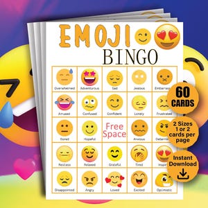 60 cartones de bingo de emociones, Bingo de emociones, Juego de caras divertidas, Emociones, Bingo de emojis, Bingo de empatía, Juego de empatía, Fiesta de emojis