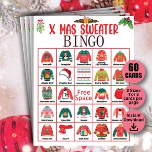 60 Ugly Christmas Sweater bingokaarten, kerstbingo, kerstspellen, lelijke trui familiespellen, kinderactiviteiten, digitale bingo, kerstman