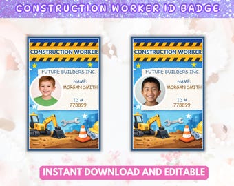 Credencial de trabajador de construcción para niños, juego de simulación, tarjeta de identificación de trabajo editable en Canva, plantilla para juego de rol del Día de la Carrera (vertical)