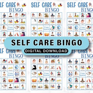 K&ouml;nnte beinhalten: Mehrere Selbstpflege-Bingo-Karten mit verschiedenen Wellness-Aktivit&auml;ten. Jede Karte zeigt ein Raster von Illustrationen, die Aktivit&auml;ten wie Meditation, Baden und Tagebuchf&uuml;hren darstellen. Die W&ouml;rter "SELF CARE BINGO" und "DIGITAL DOWNLOAD" werden angezeigt.