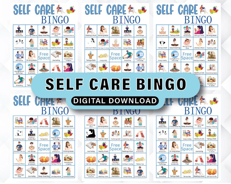 K&ouml;nnte beinhalten: Mehrere Selbstpflege-Bingo-Karten mit verschiedenen Wellness-Aktivit&auml;ten. Jede Karte zeigt ein Raster von Illustrationen, die Aktivit&auml;ten wie Meditation, Baden und Tagebuchf&uuml;hren darstellen. Die W&ouml;rter "SELF CARE BINGO" und "DIGITAL DOWNLOAD" werden angezeigt.