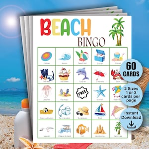 60 cartelle del bingo per la giornata in spiaggia, bingo per feste in spiaggia, gioco per feste estive, giochi per feste in spiaggia, bingo per vacanze estive in spiaggia, gioco del bingo estivo