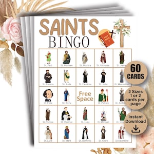 60 katholische Heilige Bingokarten, Allerheiligen-Partyspiel, christliches Bingo, Sonntagsschulspiel, religiöse Klassenzimmeraktivität, Kirchenspiele