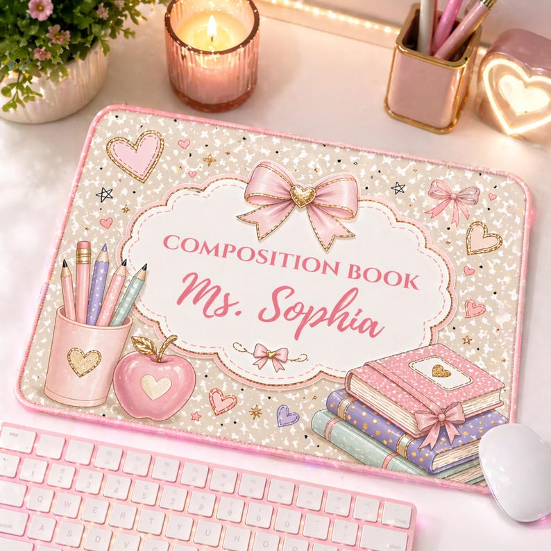 Pu&ograve; includere: Un tappetino per mouse rosa e beige personalizzato con il testo "COMPOSITION BOOK Ms. Sophia". Il design include cuori, fiocchi, matite e libri. Una tastiera e un mouse rosa sono in primo piano.