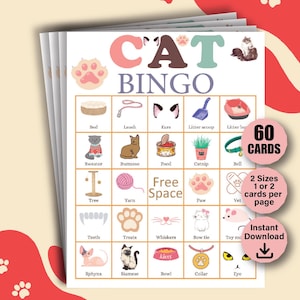 60 kattenbingokaarten, kittenbingo, kattenfeestspel, huisdieren klasactiviteiten, dierenfeestspel voor kinderen, kattenverjaardagsfeestje, kattenbingo