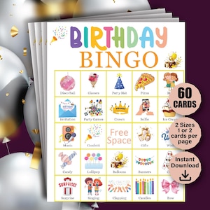 60 Birthday Bingo Cards, Birthday Bingo Game, Birthday Party Activities, Happy Birthday Bingo Game, Kid&#39;s Birthday Party Game, Birthday Game