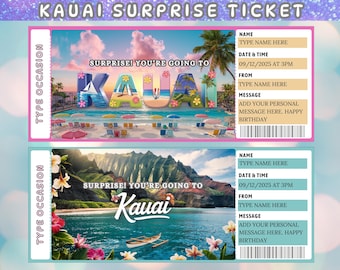 Boleto sorpresa para viaje a Kauai, plantilla editable de Canva, invitación imprimible para revelar tus vacaciones en Hawái, regalo de viaje para él o ella, boleto personalizado para una escapada a la isla.