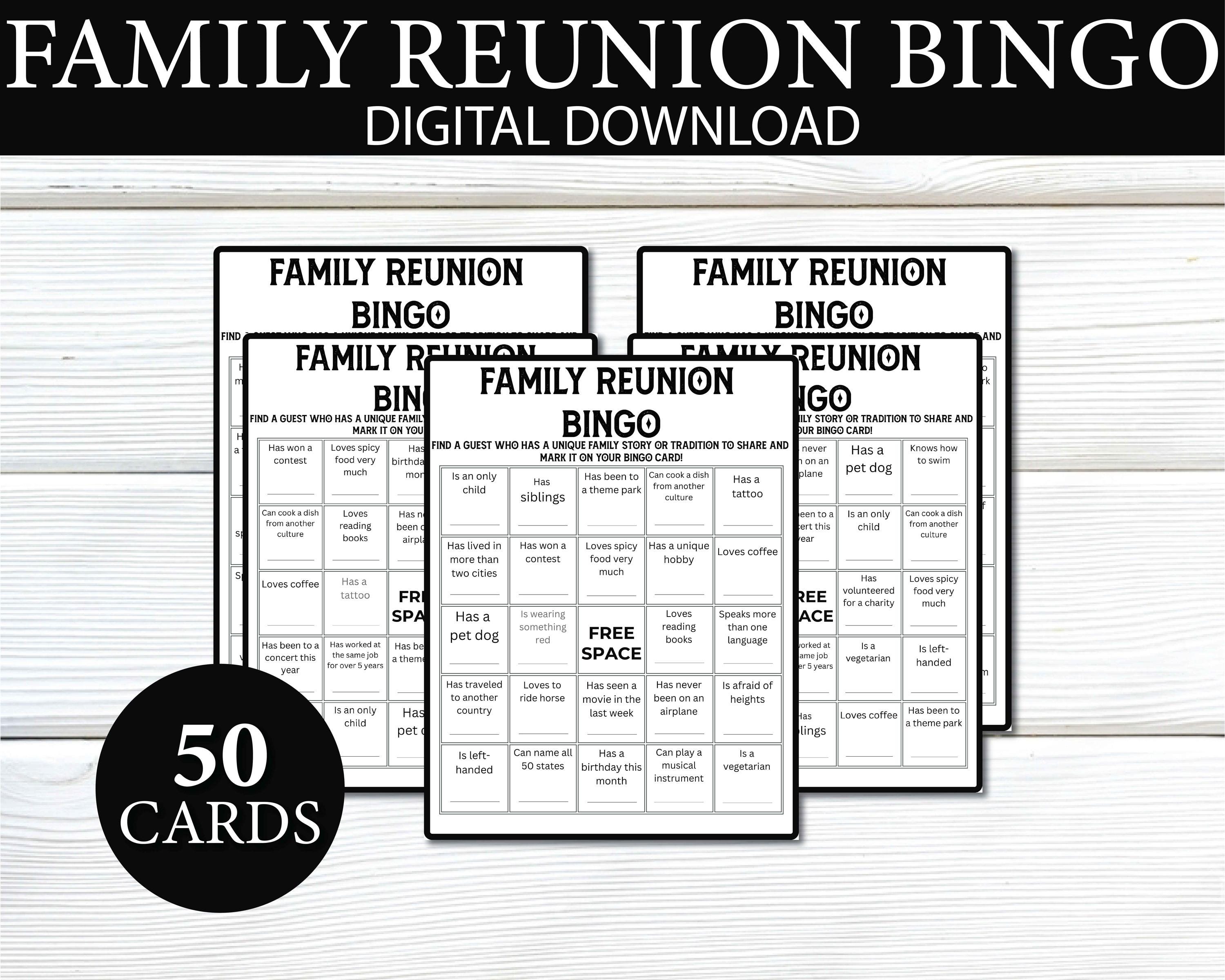 50 Family Reunion Bingo Cards, Family Reunion Find the Guest Bingo ...