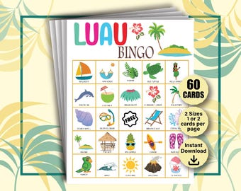 Luau Bingokort, LUAU-spel, Hawaii Bingospel, Aloha Bingo, Tropiska födelsedagsspel, Luau-födelsedagsfestspel, Hawaiianska festaktiviteter