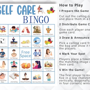 K&ouml;nnte beinhalten: Ein blau-wei&szlig;es "Self Care Bingo" Spielbrett mit Illustrationen von Selbstpflegeaktivit&auml;ten. Das Spiel enth&auml;lt Anweisungen zum Spielen, mit Schritten zum Vorbereiten, Verteilen von Karten, Ziehen, Markieren von Feldern und Gewinnen. Das Spiel f&ouml;rdert Achtsamkeit.