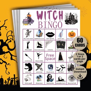 May include: A printable Witch Bingo game with 60 cards. The bingo card features a purple and white design with a witch's hat and cauldron. The card has 25 squares with various Halloween-themed activities and images.