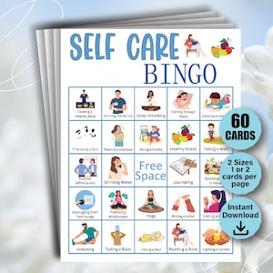60 tarjetas de bingo de autocuidado, tarjetas de bingo de autocuidado para la salud mental, desafío de amor propio, juegos de bingo de bienestar, actividad de salud mental