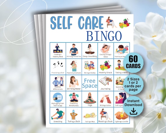 60 Self Care Bingo Game Cards, Mental Health Self-Care Bingo Cards, Self Love Challenge, Wellness Bingo Games, Mental Health Activity