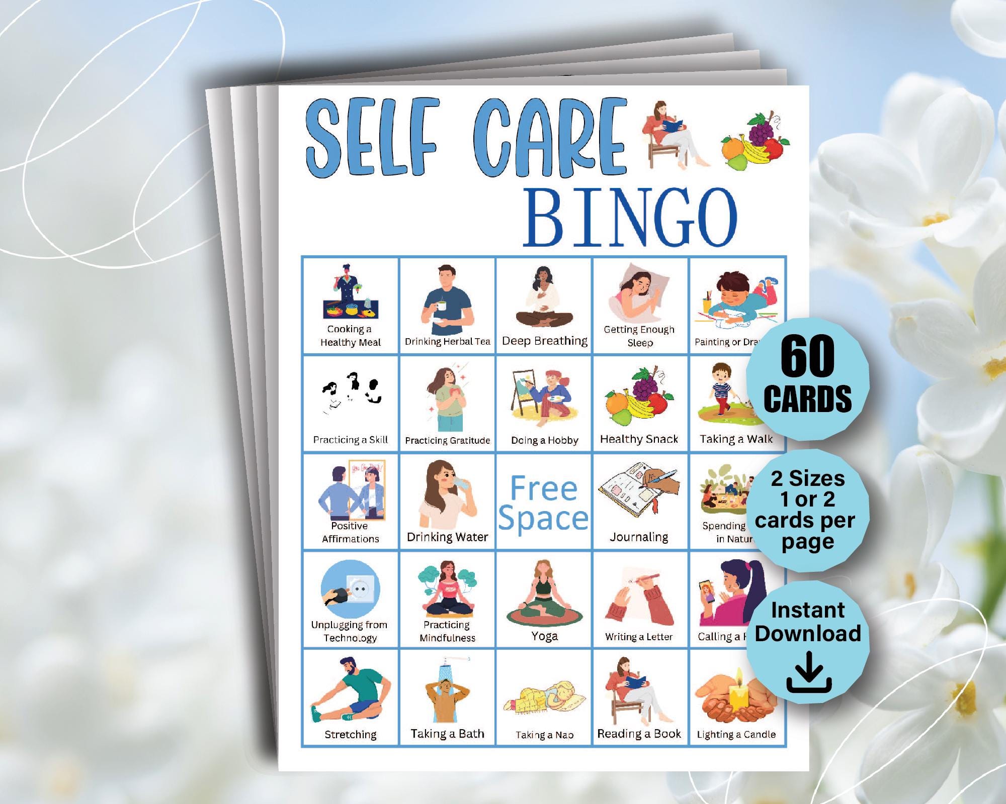 60 Self Care Bingo Game Cards, Mental Health Self-Care Bingo Cards, Self Love Challenge, Wellness Bingo Games, Mental Health Activity