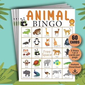 60 cartones de bingo de animales, bingo de cumpleaños de animales, bingo de mascotas, bingo con temática de zoológico, actividad para fiestas de animales, juego para amantes de los animales