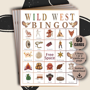 60 kart do gry w bingo Wild West, gry w bingo, bingo kowbojskie, gra w bingo na imprezę Indian Ameryki Północnej, aktywność kowbojska w stylu westernu, pustynia w stylu westernu
