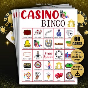 60 Cartones de Bingo de Casino, Actividad para Fiestas de Casino, Juego de Fiesta de Casino para Adultos, Fiesta de Cumpleaños de Casino, Juegos de Bingo con Temática de Casino, Bingo de Casino