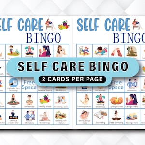 K&ouml;nnte beinhalten: Zwei "Self Care Bingo"-Karten mit Illustrationen von Selbstpflegeaktivit&auml;ten wie Baden, Yoga und Tagebuchf&uuml;hren. Die Karten haben ein blau-wei&szlig;es Farbschema mit dem Text "Self Care Bingo" und "2 Karten pro Seite".
