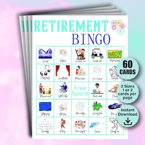 60 cartes de bingo pour la retraite, activité de départ à la retraite, jeu festif pour la retraite, jeu pour la retraite, jeu imprimable pour la retraite, soirée de bingo à la retraite