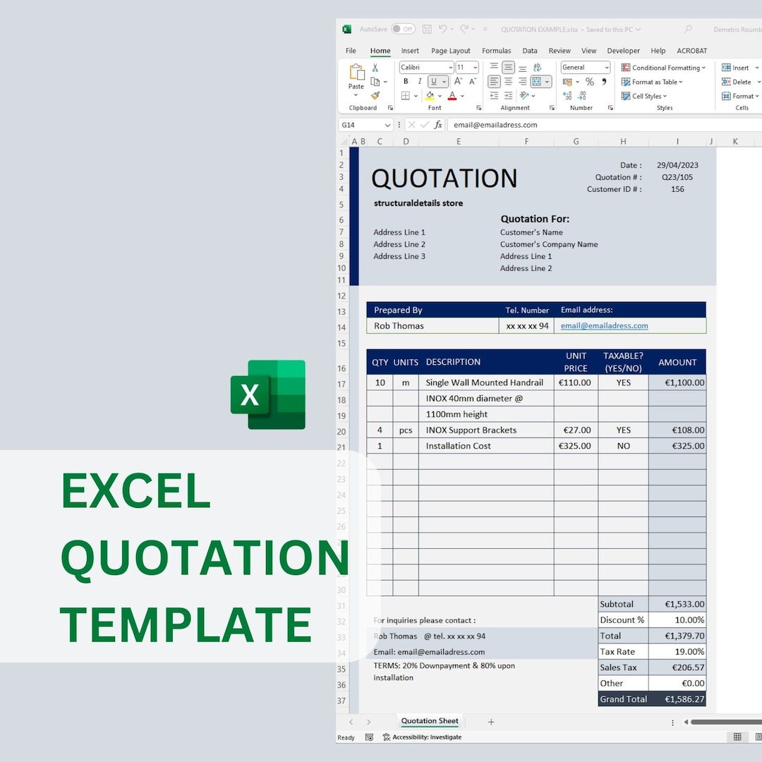 Professional Quotation Excel Google Sheets Template, Itemised Line ...