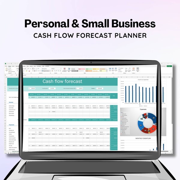 Personal Small Business Monthly Cash Flow Forecast, Excel Spreadsheet Template, Income Expenses Savings, Multi Currency