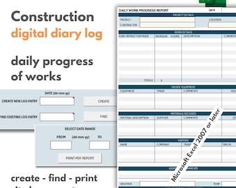 Construction Daily Works Progress Log Entry Diary Excel Template, digital site logbook