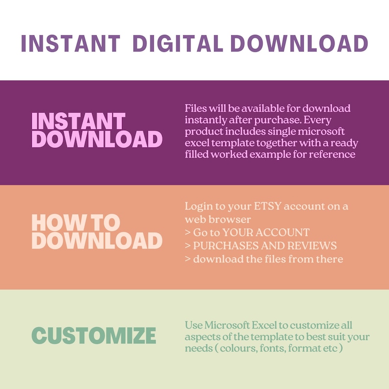 K&ouml;nnte beinhalten: Eine Grafik in Pink, Orange und Gr&uuml;n mit dem Text "INSTANT DIGITAL DOWNLOAD", "INSTANT DOWNLOAD", "HOW TO DOWNLOAD" und "CUSTOMIZE". Die Grafik enth&auml;lt Anweisungen zum Herunterladen und Anpassen eines digitalen Produkts.