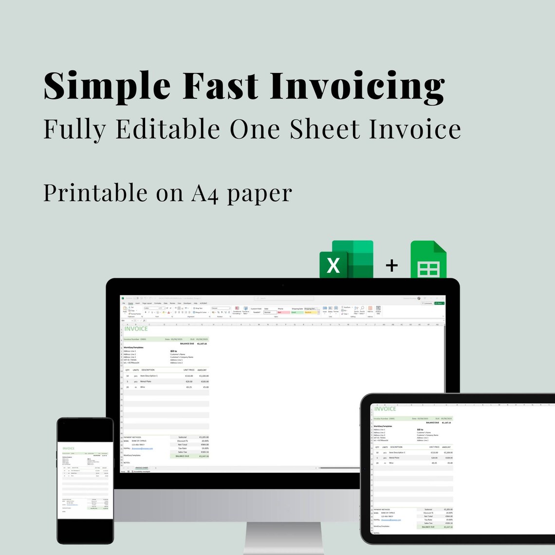 Simple Invoice Excel Google Sheets Template for Small Business, Fast ...